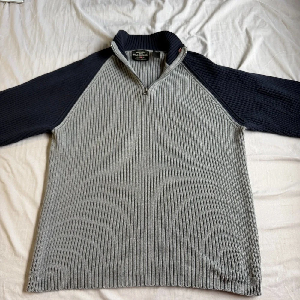 Polo Ralph Lauren Sweater Men's Large Navy Grey Quarter Zip Long Sleeve Vintage